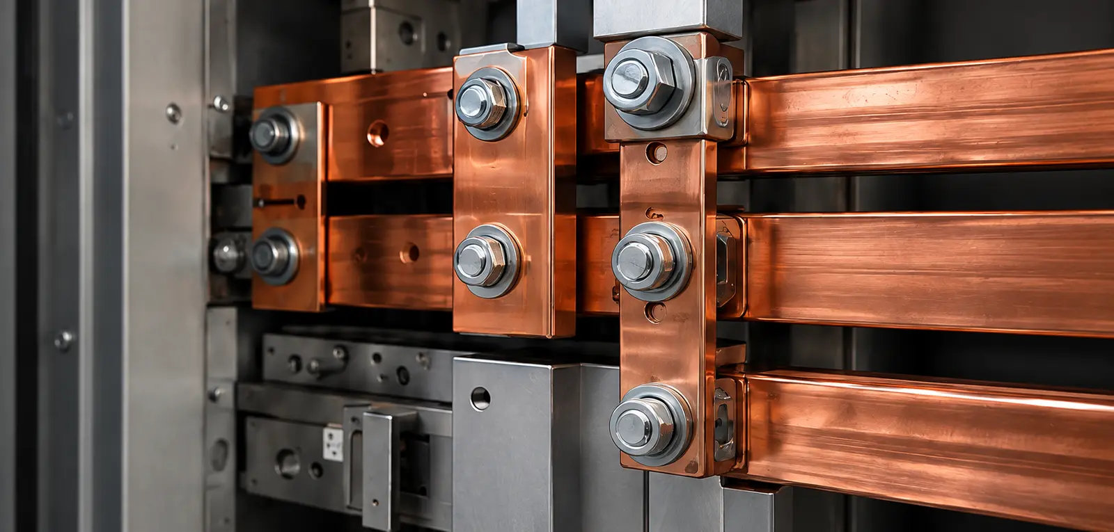 Embarrados de cobre instalados en un cuadro eléctrico industrial