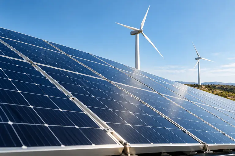 Paneles solares y aerogeneradores de una instalación de energía renovable