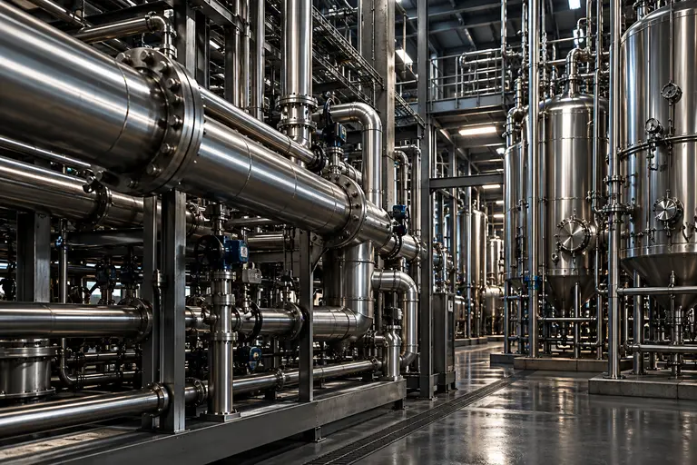 Instalación industrial con tuberías y depósitos metálicos